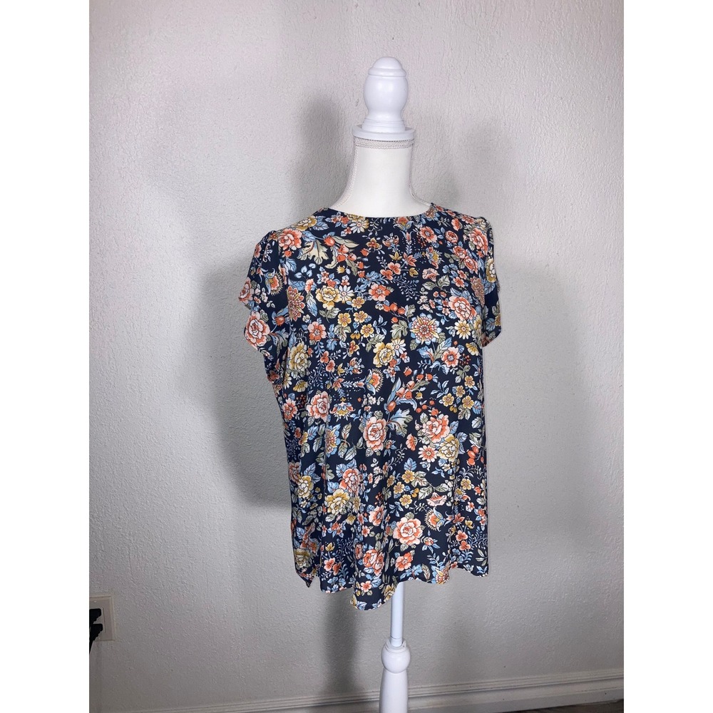 LOFT Womens Floral Print Short Sleeve Blouse Blue Orange Size M Button Back